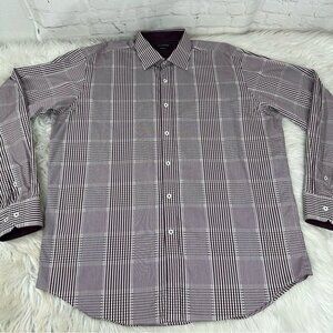Bugatchi Men’s‎ Purple White Classic Fit Plaid Button Down Dress Shirt L/C50
